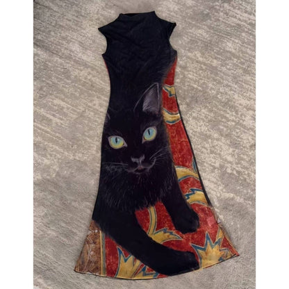 Vestido de malla con estampado de gato estilo Y2K | GATOKOOL