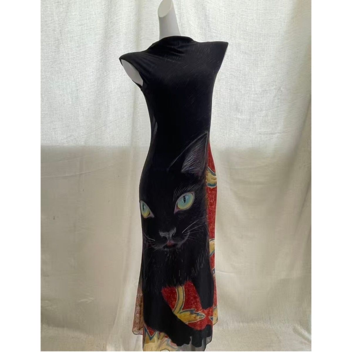 Vestido de malla con estampado de gato estilo Y2K | GATOKOOL