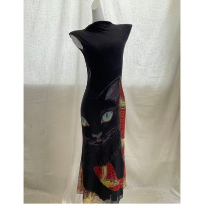 Vestido de malla con estampado de gato estilo Y2K | GATOKOOL